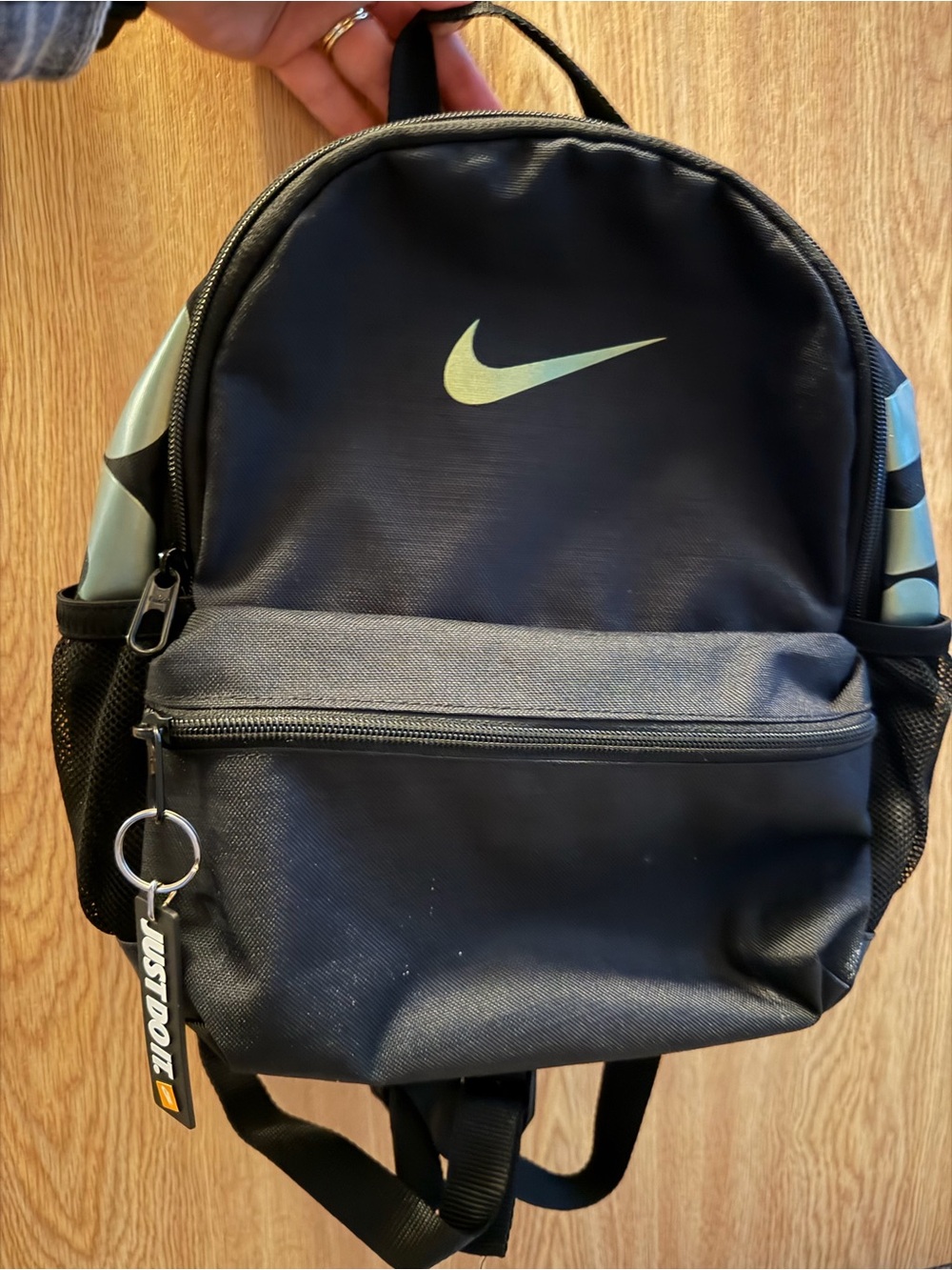 Nike Black Mini Backpack with Lime Metallic Swoosh
